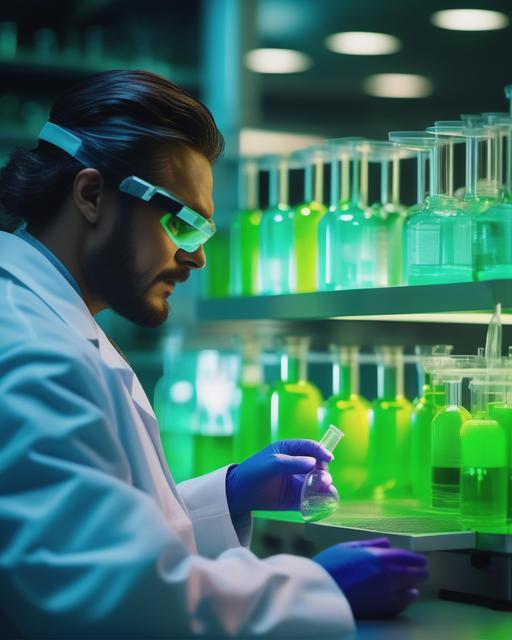 (Dr. Mundo) is in a spacious, detailed medical lab performing an experiment. The lab illuminates by bright LED lights, equipped with stainless steel and glass containers filled with green liquids. All details are vivid in 4K resolution and bursting with vibrant colors. An industrial style laboratory with a slight touch of science fiction.